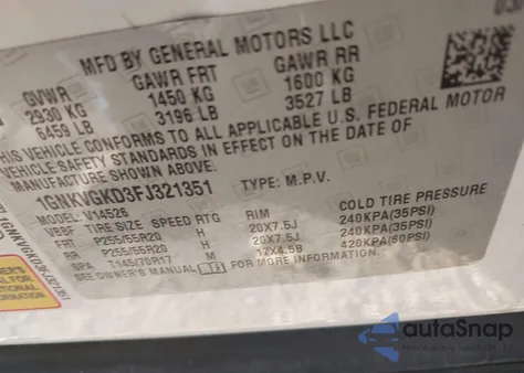 2015 Chevrolet Traverse 1Lt from USA, damaged, VIN 1GNKVGKD3FJ321351